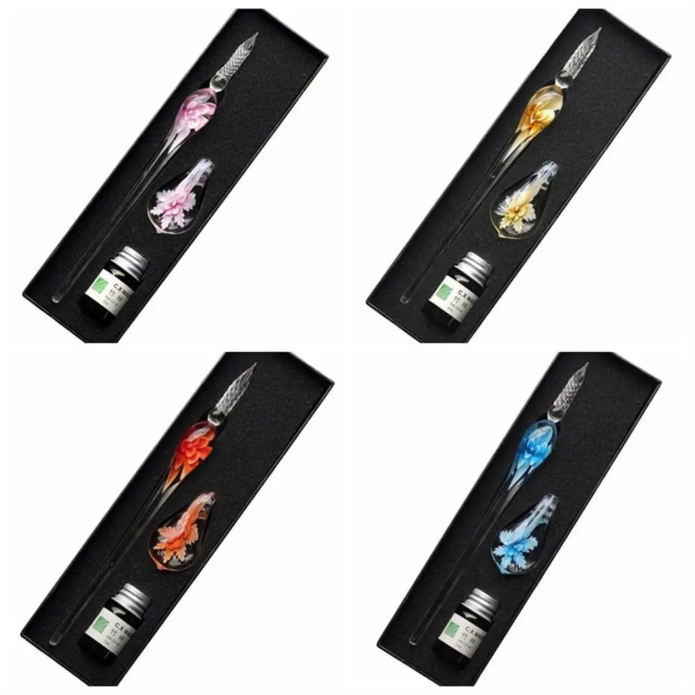 Signature Floral Dip Pen  Craft Vintage Smooth Glass Fountain Pen Calligraphy Filling Ink Dipping Ink Pen Writing Tool