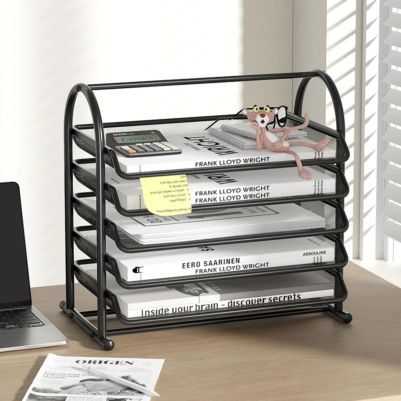Sliding Paper Tray Organizer Metal Mesh Desktop File Storage Rack Document Letter Holder for Office Home School Classroom