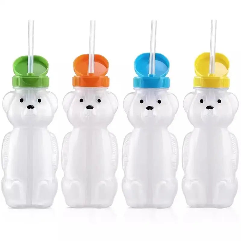 Cute Bear Shaped Bottle Plastic Drink Container Cartoon Honey Bear Straw Cup with Flexible Straws for Milk Juice Honey Storage
