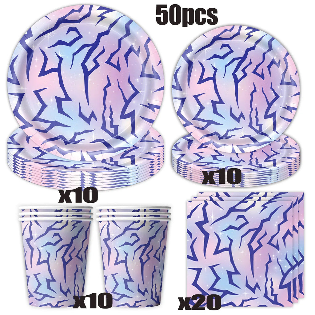 Cosmic Chic Pink Purple Party Tableware Set Y2K Lightning Paper Plates Cups Napkins For Girls Kpop Theme Birthday Decor