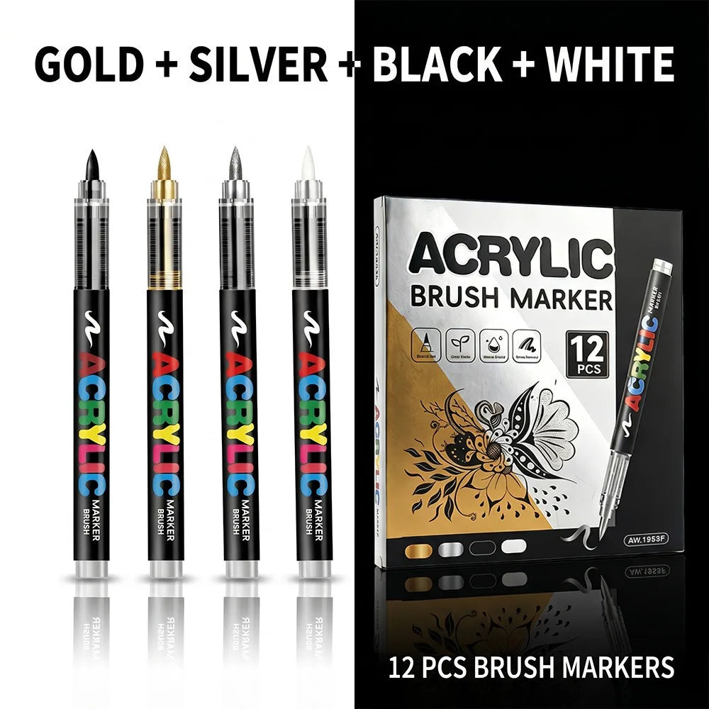 12 Pcs Black and White/Gold and Silver Acrylic Paint Markers Set, Large Ink Capacity, Skin Color Brush Markers Pen Art Supplies