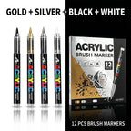 12 Pcs Black and White/Gold and Silver Acrylic Paint Markers Set, Large Ink Capacity, Skin Color Brush Markers Pen Art Supplies