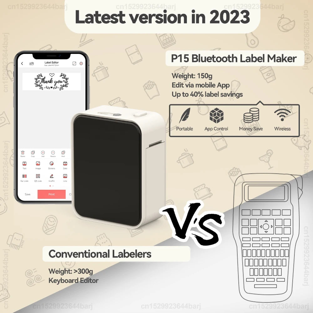 Portable Label Maker P15 Adhesive Thermal Label Printer Wireless Bluetooth Sticker Printer with P15 Self-adhesive Label Paper