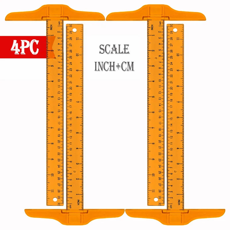 4pc, T-Square Ruler, Transparent And Orange, Clear Dual-Sided Measurement Tool For Drafting And General Layout Work