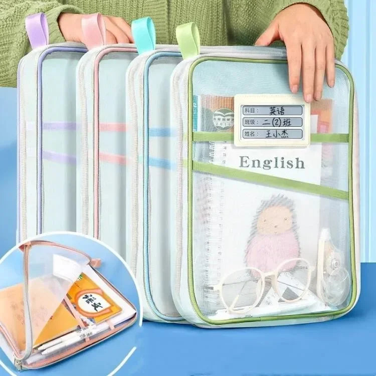 A4 Stationery Books Storage Bag Double-layer Mesh Zipper Bag Large Capacity Folders School Office Supplies