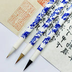 3PCS Chinese Style Calligraphic Brushes Blue and White Porcelain Pen Holder Weasel Wool Hair Writing Brush Xiaokai Kaishu Brush