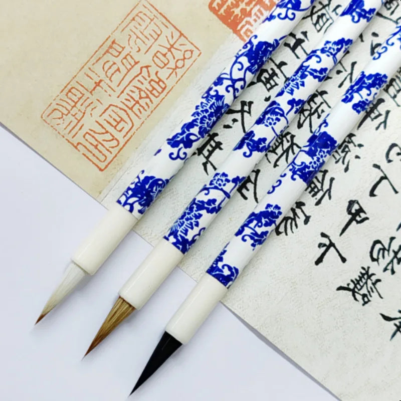 3PCS Chinese Style Calligraphic Brushes Blue and White Porcelain Pen Holder Weasel Wool Hair Writing Brush Xiaokai Kaishu Brush