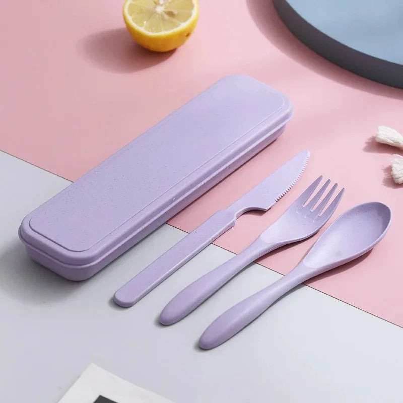 Portable Wheat Straw Dinnerware Set Reusable Knife Fork Spoon Travel Utensil Box 3In1 Tableware Kit For Tableware School Office
