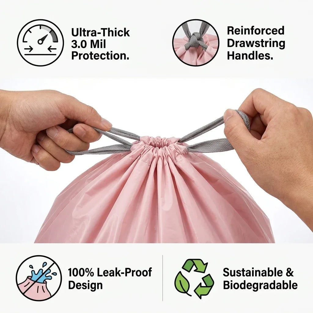 Pink Drawstring Trash Bags, Thickened Leakproof Tear Resistant Easy Tie Odor Resistant for Kitchen Bathroom Office Daily Home Use Households Busy Families Small Trash Can Liners Household Cleaning Garbage Bags