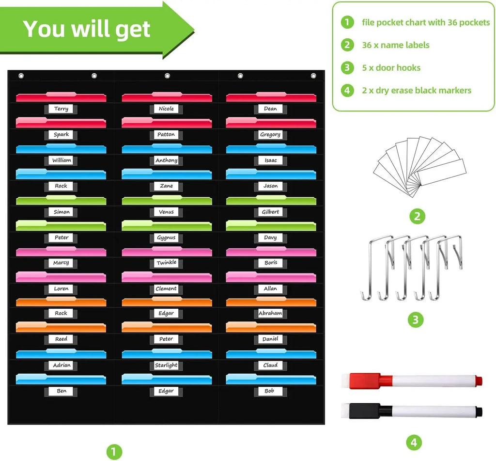 12 Pocket File Storage Chart Wall-Mounted Organizer with Hooks And Labels for  Office Organization Hanging Pocket Folder Rack