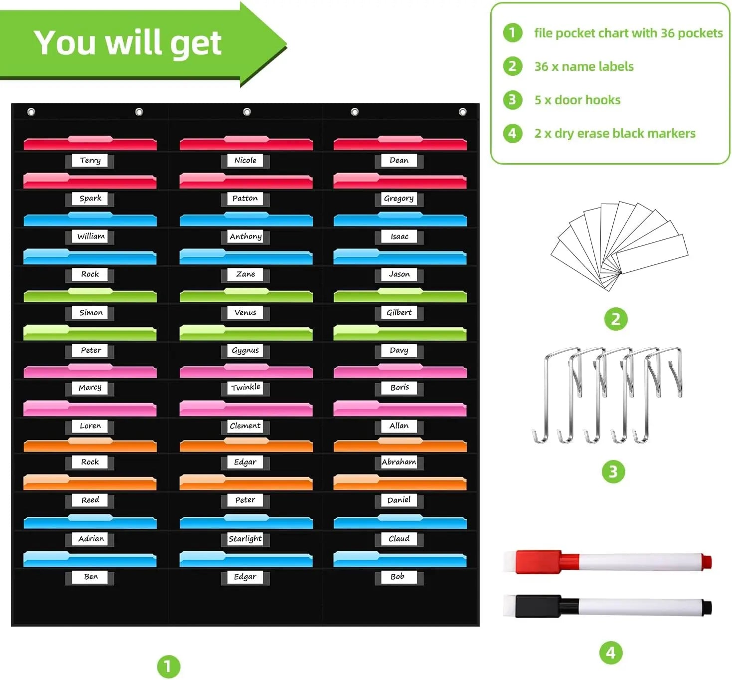 12 Pocket File Storage Chart Wall-Mounted Organizer with Hooks And Labels for  Office Organization Hanging Pocket Folder Rack