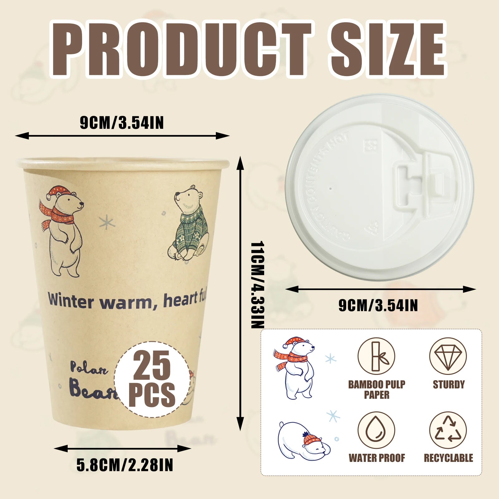 Polar Bear Patterned Disposable Paper Cups Bamboo Pulp Panda Cat Paper Cup Animal Print Coffee Cups with Lid for Home Party Use