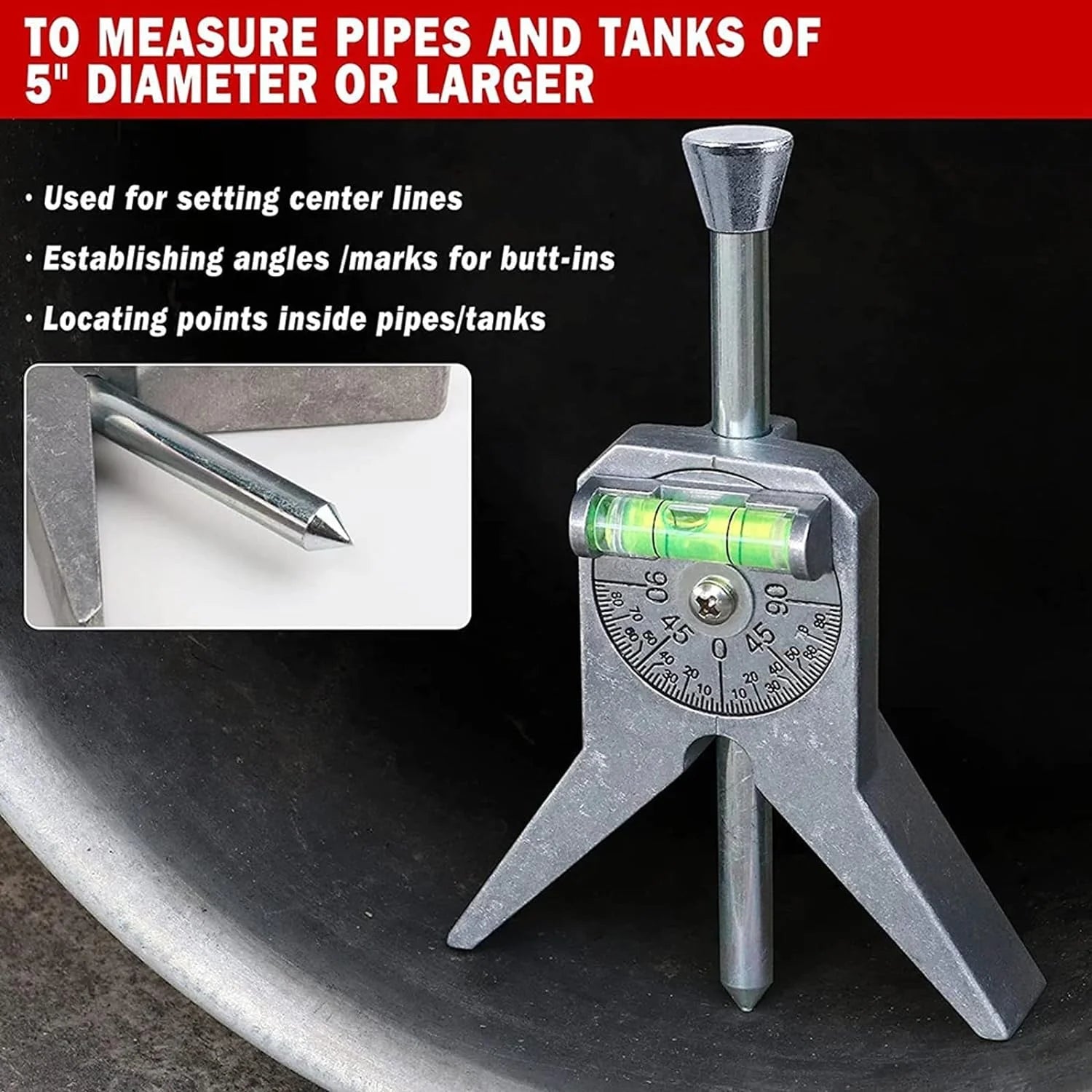 Pipe Center Finder Measure Adjustable Dial Bubble Protractor Measure Pipe Diameter Over 1/2" and Upand up With 4" Y Type Base