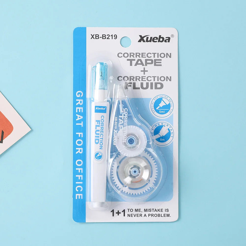 1 Correction Tape + 1 Correction Liquid Kawaii White Out Combo Quick Dry & Clean Finish Student Mistake Cover Tools Stationery