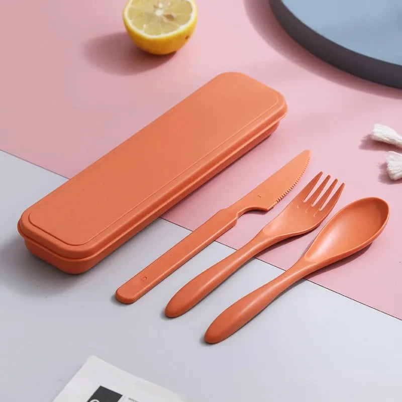 Portable Wheat Straw Dinnerware Set Reusable Knife Fork Spoon Travel Utensil Box 3In1 Tableware Kit For Tableware School Office