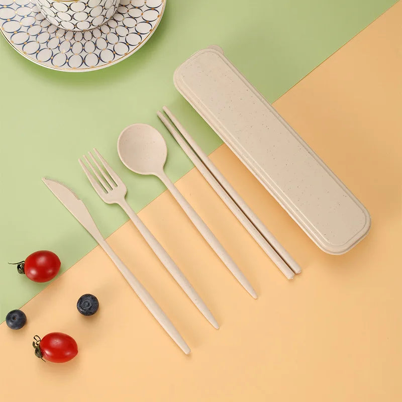 4PCS/Set Wheat Straw Tableware Box Spoon Fork Chopsticks Cutlery Dinnerware Children Adult Travel Portable Kitchen Accessories
