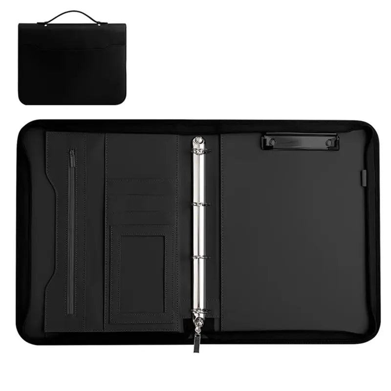 3-Ring Portfolio Binder, Leather With Pockets, Professional Organizer With Laptop Sleeve And Folder (Black)