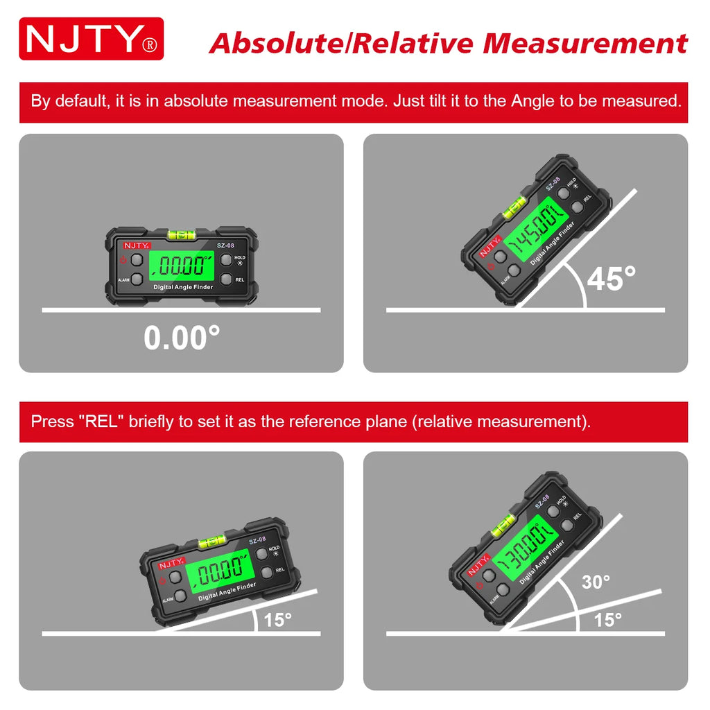 NJTY Digital Protractor Angle Finder Gauge Backlit Flip Screen Magnetic Inclinometer with Absolute REL Mode Measuring Tool