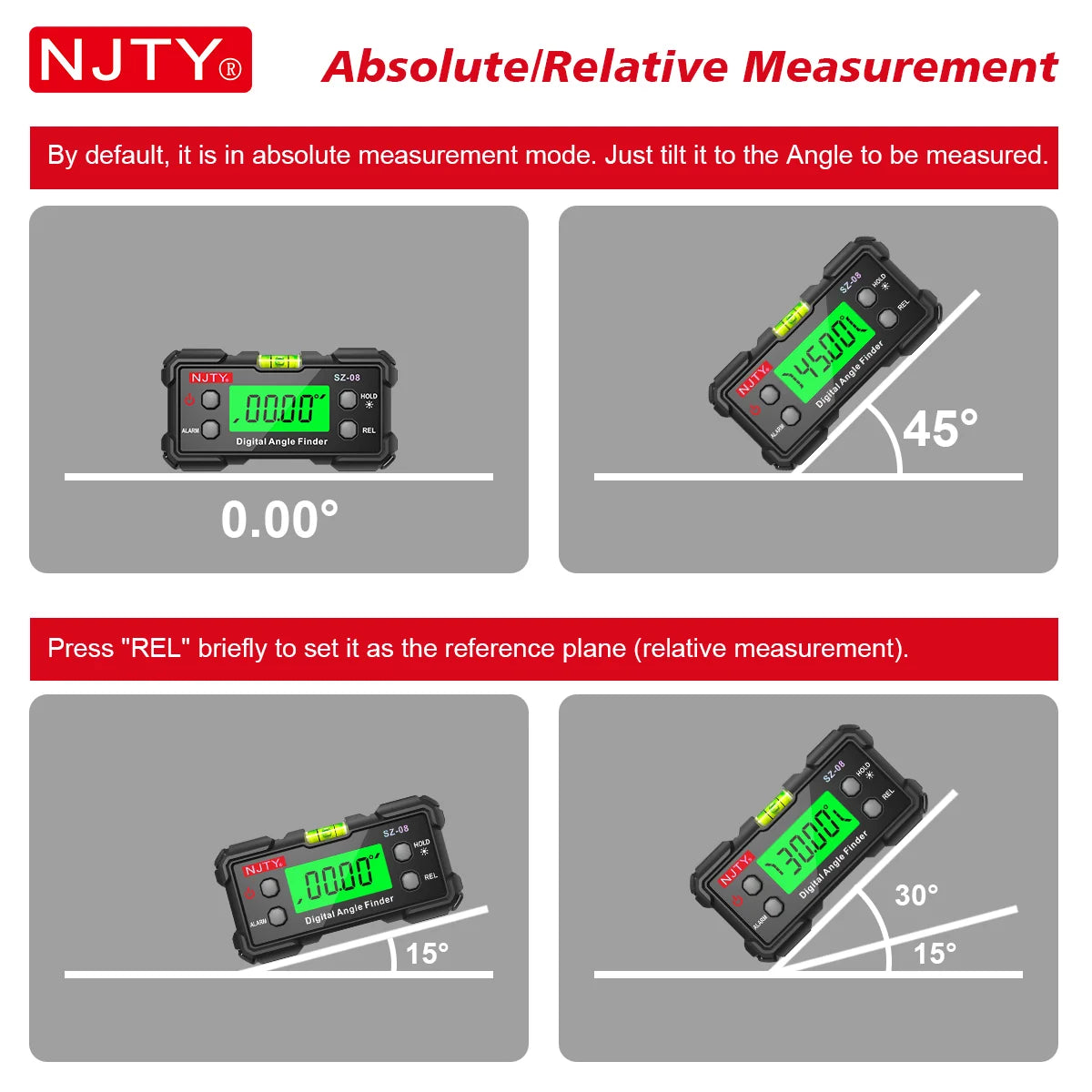 NJTY Digital Protractor Angle Finder Gauge Backlit Flip Screen Magnetic Inclinometer with Absolute REL Mode Measuring Tool