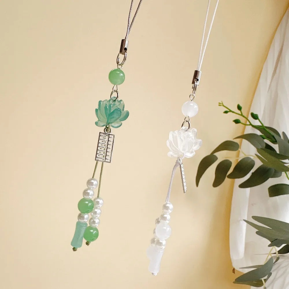New Chinese-style Handmade Beaded Lotus Pendant Key Chains Mobile Phone Chain for Women Men Ethnic Charm Jewelry Accessory Gift