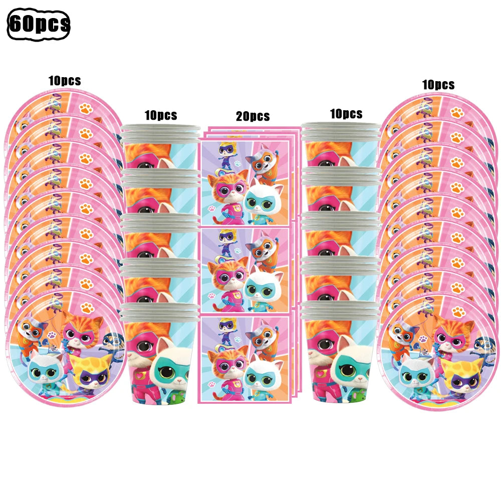 Superkitties Happy Birthday Party Decor Paw Meow Cat Super Kitties Tableware Tablecloth Plate Cup Gift Set Kid Party Supplie Toy