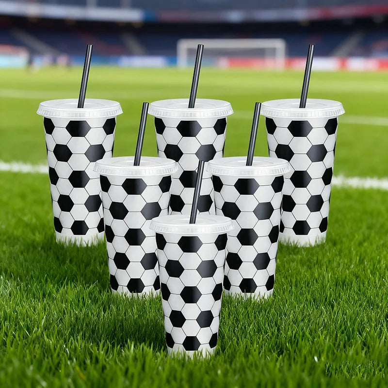 6/12pcs Reusable Plastic Soccer Cups with Lid Straws Kids Football Party Favors Sports Themed Birthday Decoration Supplies Gifts