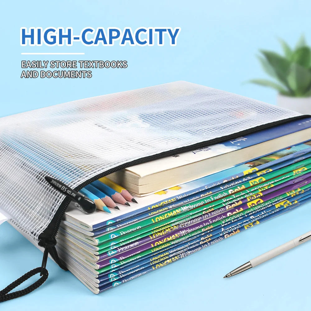 12-Piece Plastic Mesh Zip File Bag, Waterproof and Tear-Resistant File Folder, Multi-Size Zip File Bag for School Office Home Tr