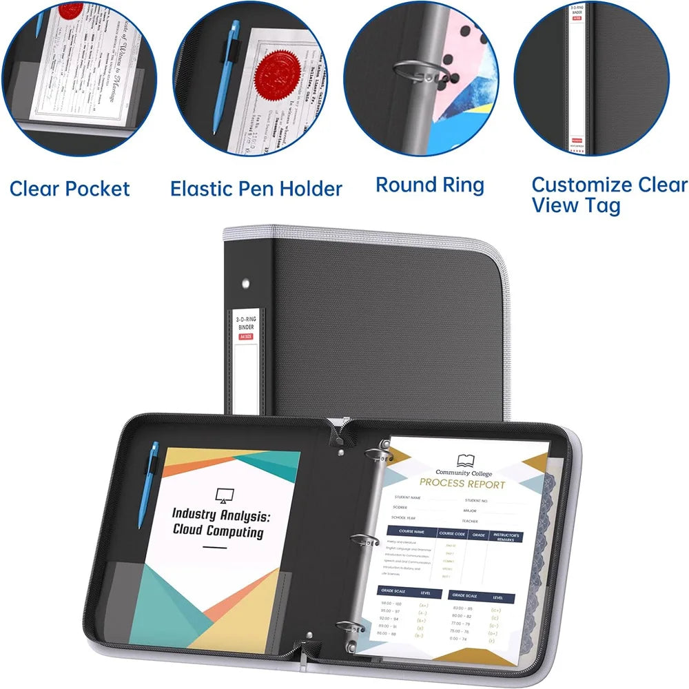 Fireproof Waterproof 3-Ring Binder Fireproof Round Binder with Zipper for Pens and 8.5*11-Inch 375-Sheet Paper (No Inserts)