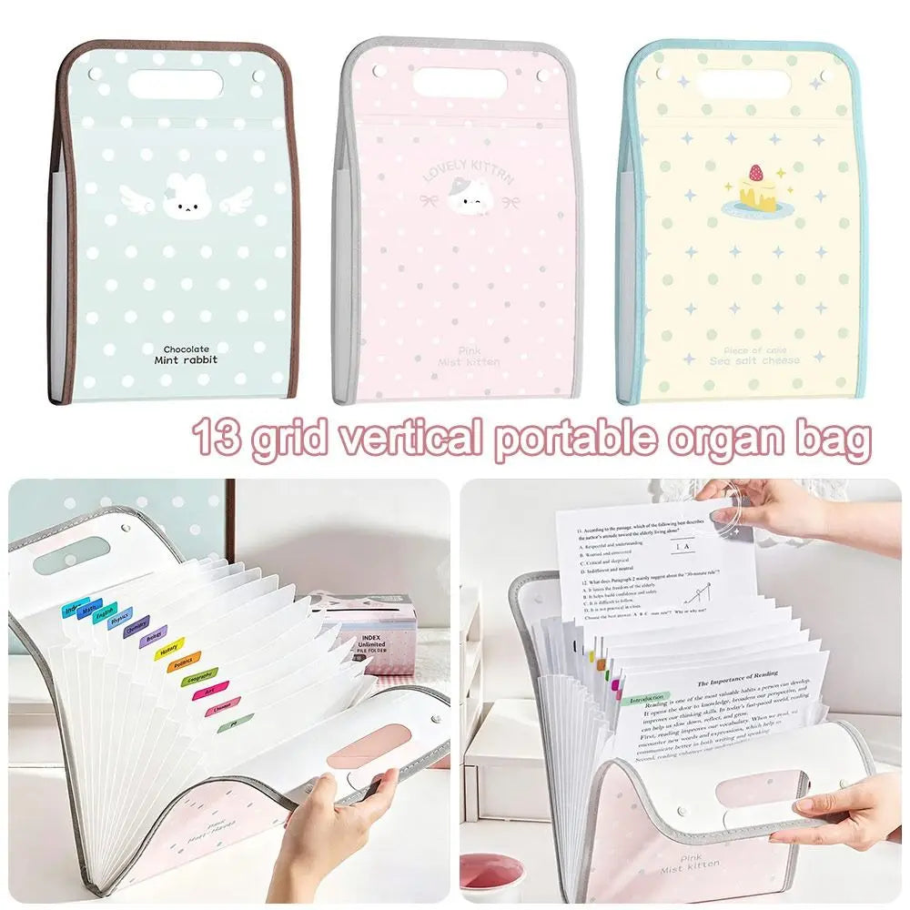 PP Accordion File Organizer Vertical Multi-Compartment Structure Expanding File Folder Portable Carry Handle Cute Pattern