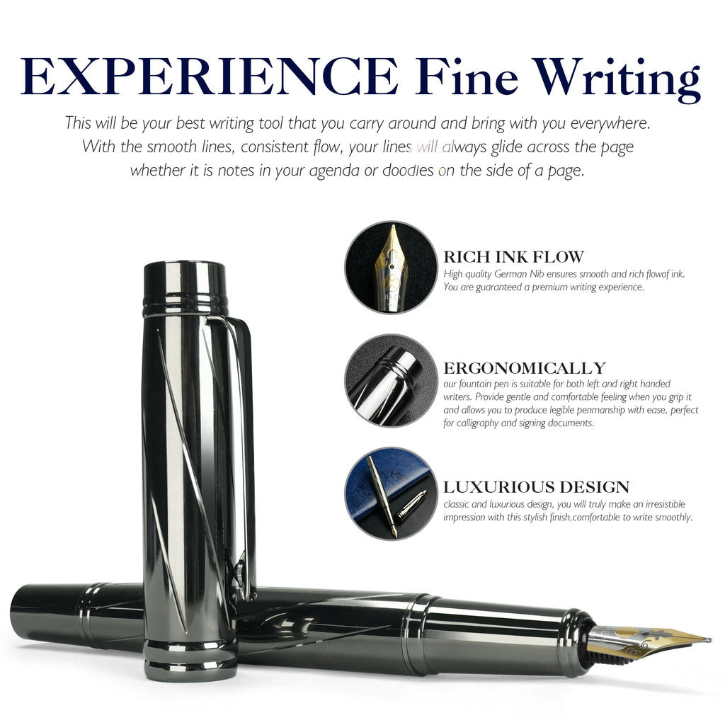STONEGO 0.38mm Extra Fine Nib Fountain Pen, Black Metal Calligraphy Writing Gift Pen