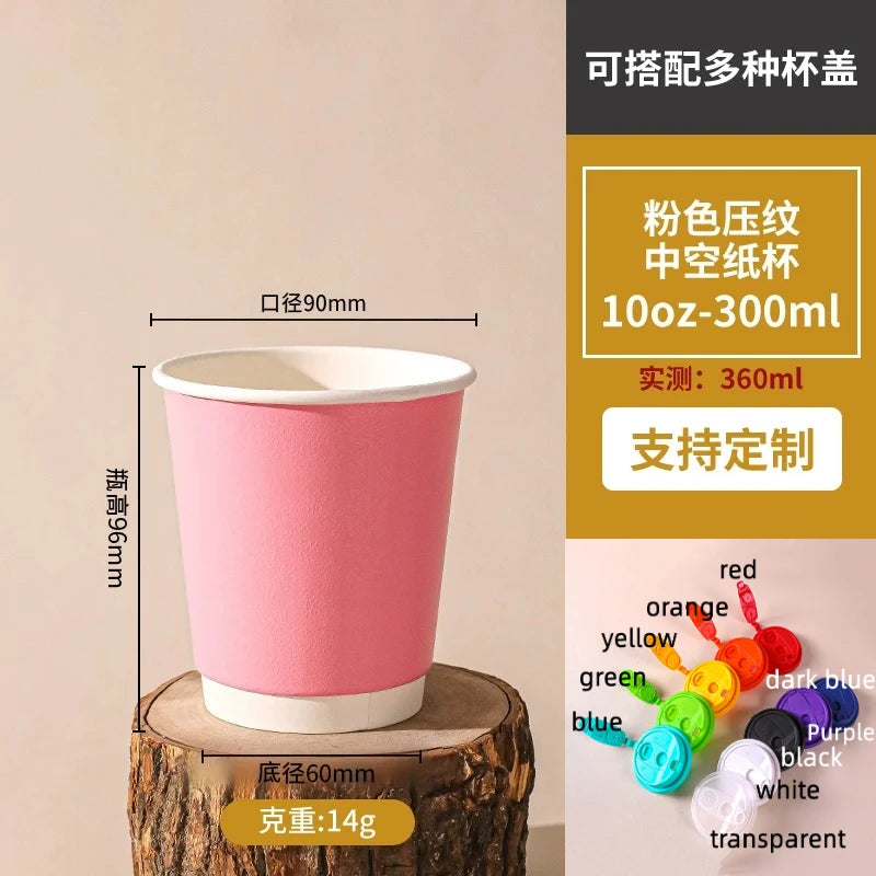 Disposable Milk Tea Coffee Hot Drink Paper Cup Pink Thickened Hollow Beverage Shop Takeaway Packaging Disposable Cups 100pcs