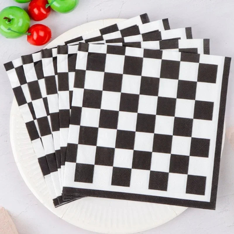 20pcs 33cm 2Ply  Black and White Checkerboard Printed Napkins Party Printed Decorative Napkins Disposable Placemats DIY Paper