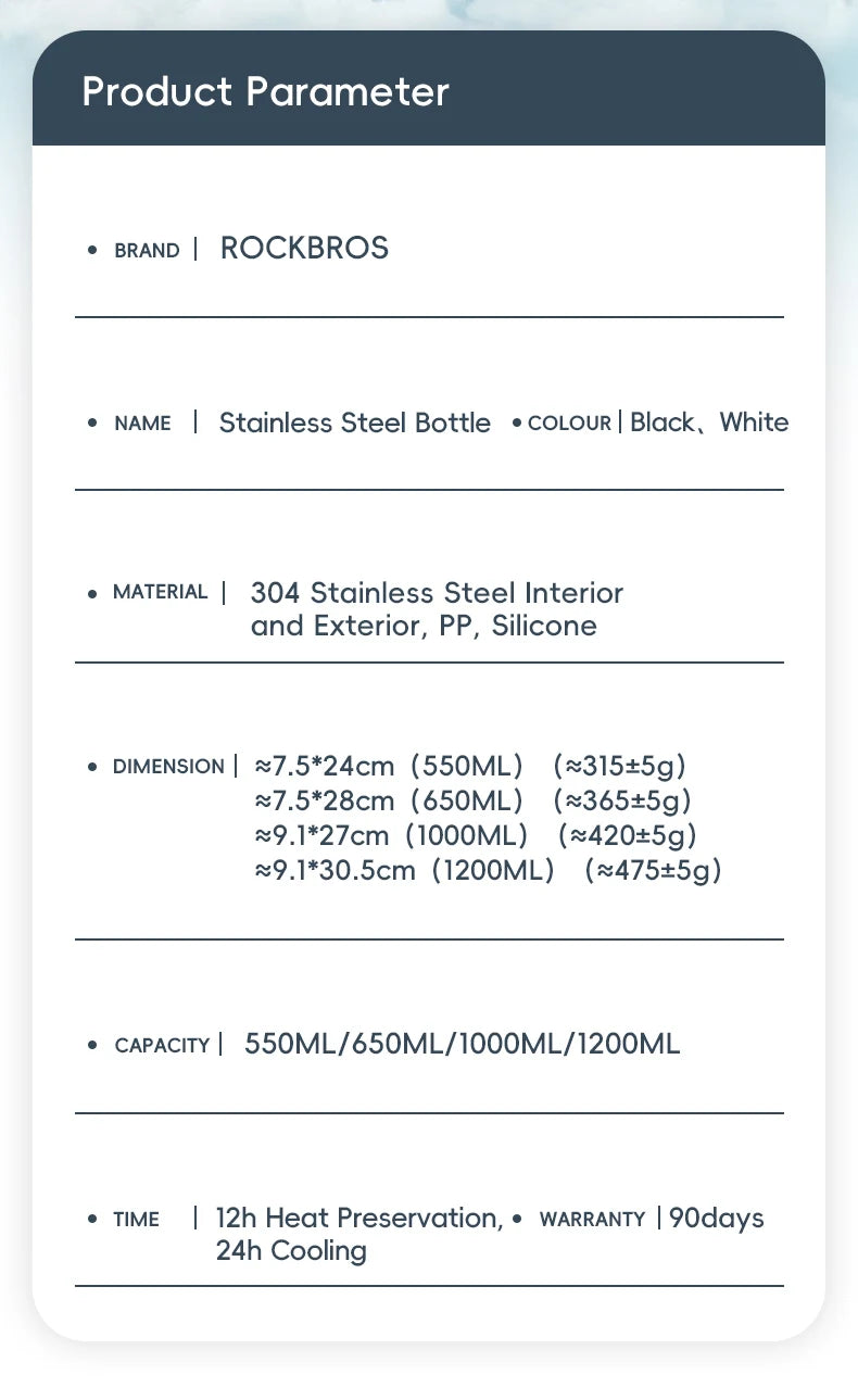 ROCKBROS Cycling Water Bottle Thermal Drinkware Vacuum Flasks & Thermoses Bottle 500ml 650ml 1000ml 1200ml Cycling Water Bottle