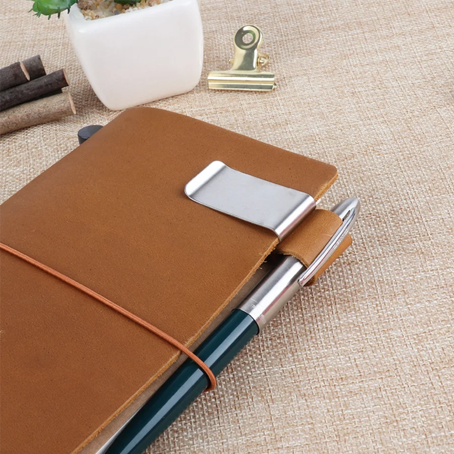Handmade Leather Pen Holder Clip Brass Stainless Steel Holder For Journal Notebook Paper Folder Home Office Daily Desktop Use