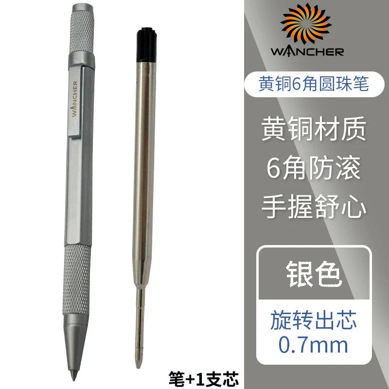 WANCHER Ballpoint Pen Original Hexagon Brass Metal Rotary Black 0.5mm Refill Replaceable W1558 Office School Stationery