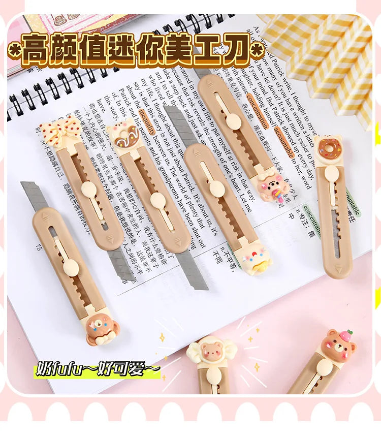 1 Piece Cartoon Utility Knife for Student Cute Fashion Box Cutter Small Portable Kawaii Beige Coffee Color Letter Opener Office
