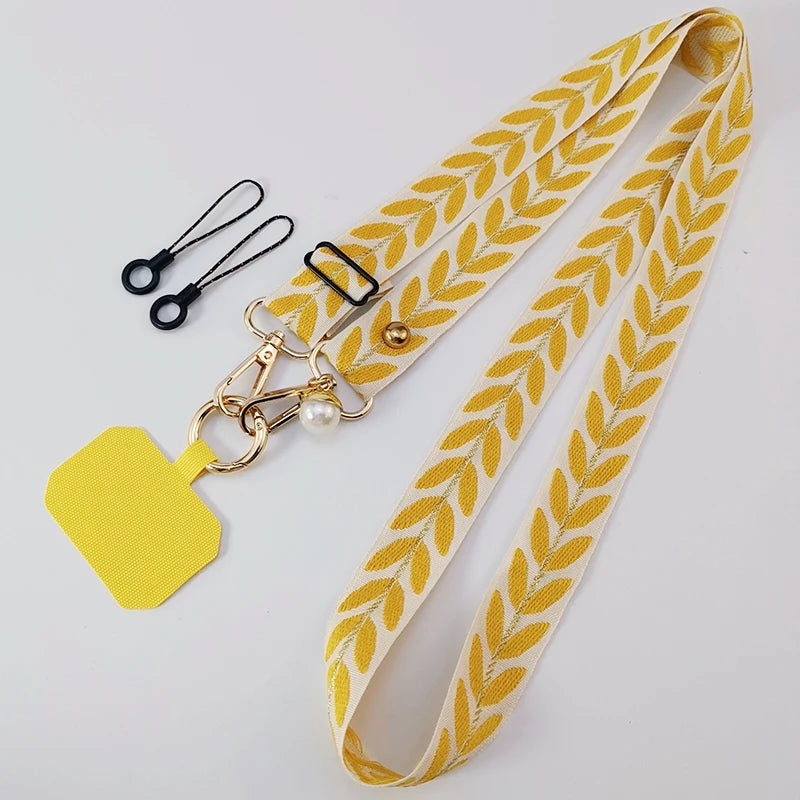 Adjustable Crossbody Long Mobile Phone Lanyard Wide Cloth Neckband Strap Rope Women's Pearl Hanging Ornaments Anti-Lost Lanyard