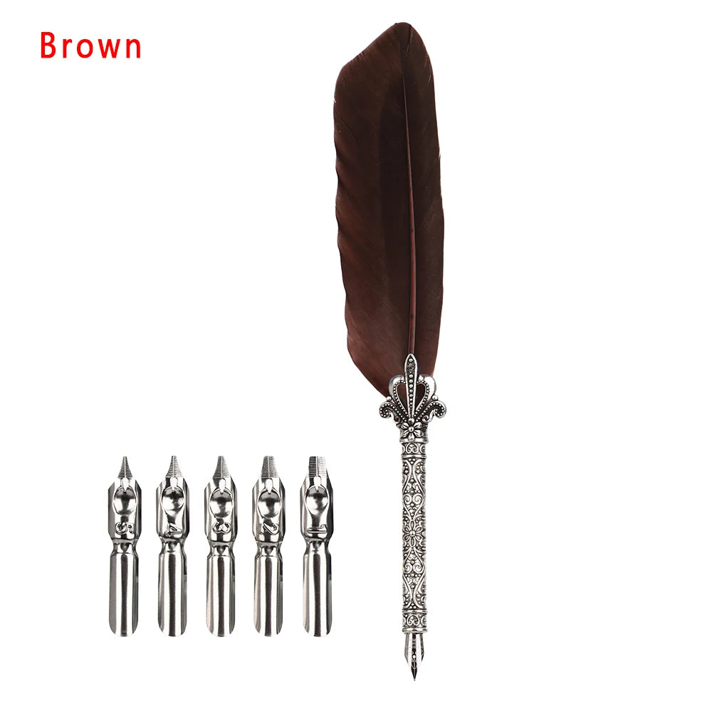 1 Set New Luxury Feather Pen 5 Nib Vintage Quill English Calligraphy Signature Pen European Gift Box Scuba Dive Writing Tools
