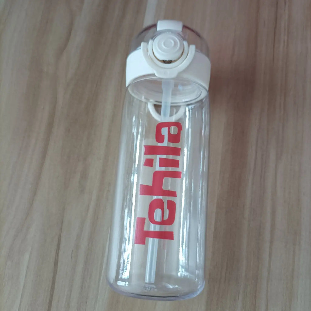 DIY 400MLSchool Bottle Plastic Customize Print Name Kid's Children Cup Straw Tube Ring Handle Easy Take Food Safety Material