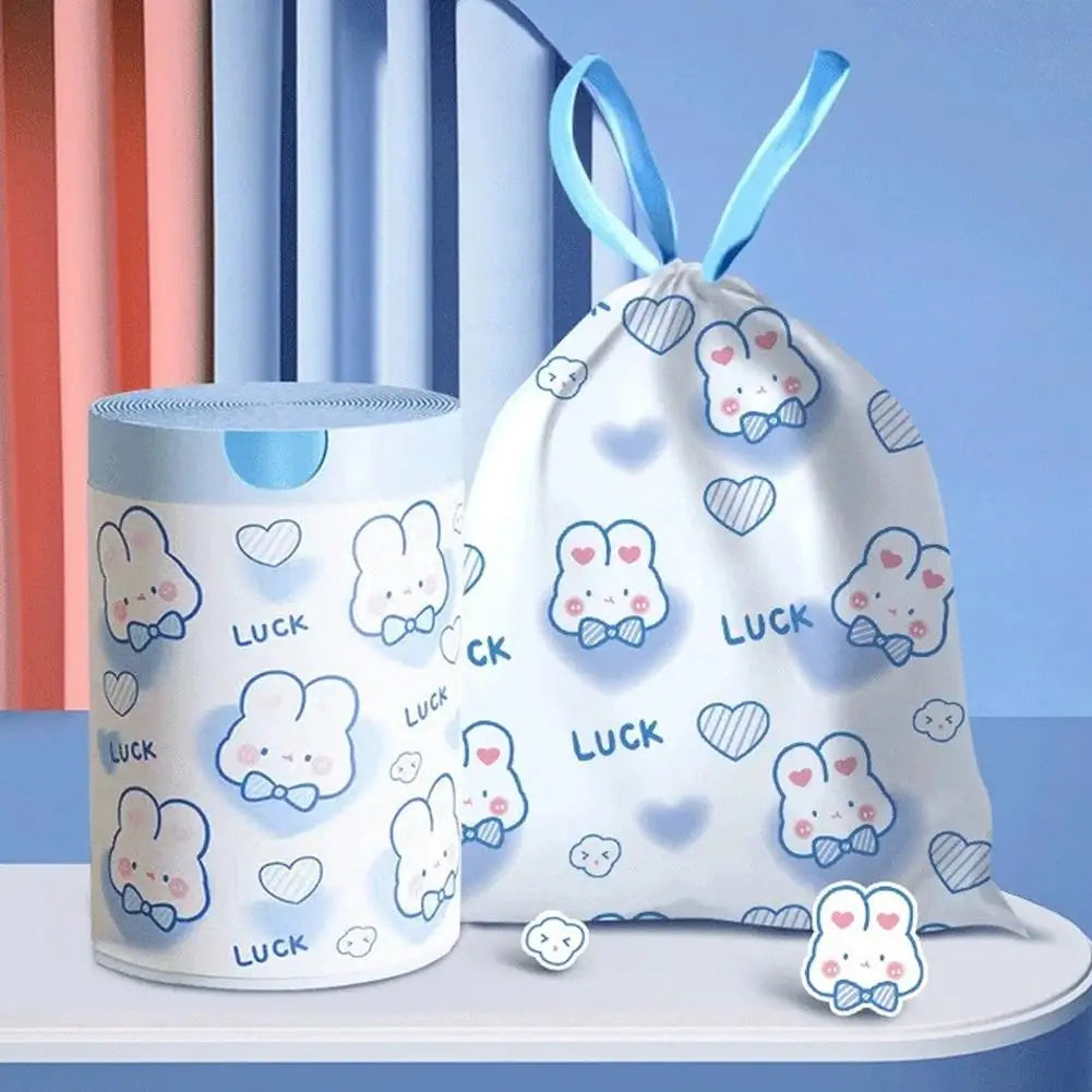 1 roll 100pcs blue rabbit garbage bag Portable Printed Thickened Garbage Bags, Stylish Blue Heart & Rabbit Drawstring Trash Bags