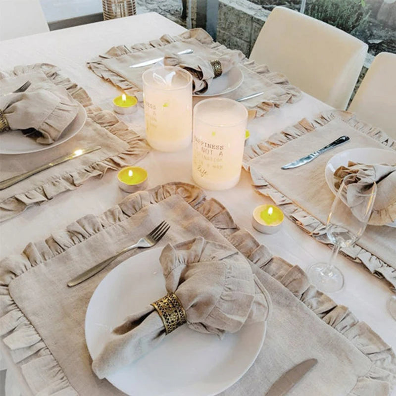 1 Pcs 100% Linen Napkins Wedding Dinner Solid Color Flounce Placemats Ruffle Edge Classical Custom Home Table Napkin