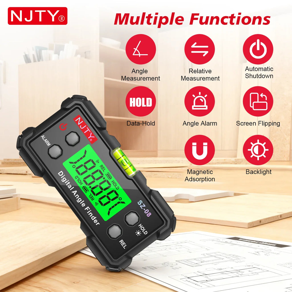 NJTY Digital Protractor Angle Finder Gauge Backlit Flip Screen Magnetic Inclinometer with Absolute REL Mode Measuring Tool