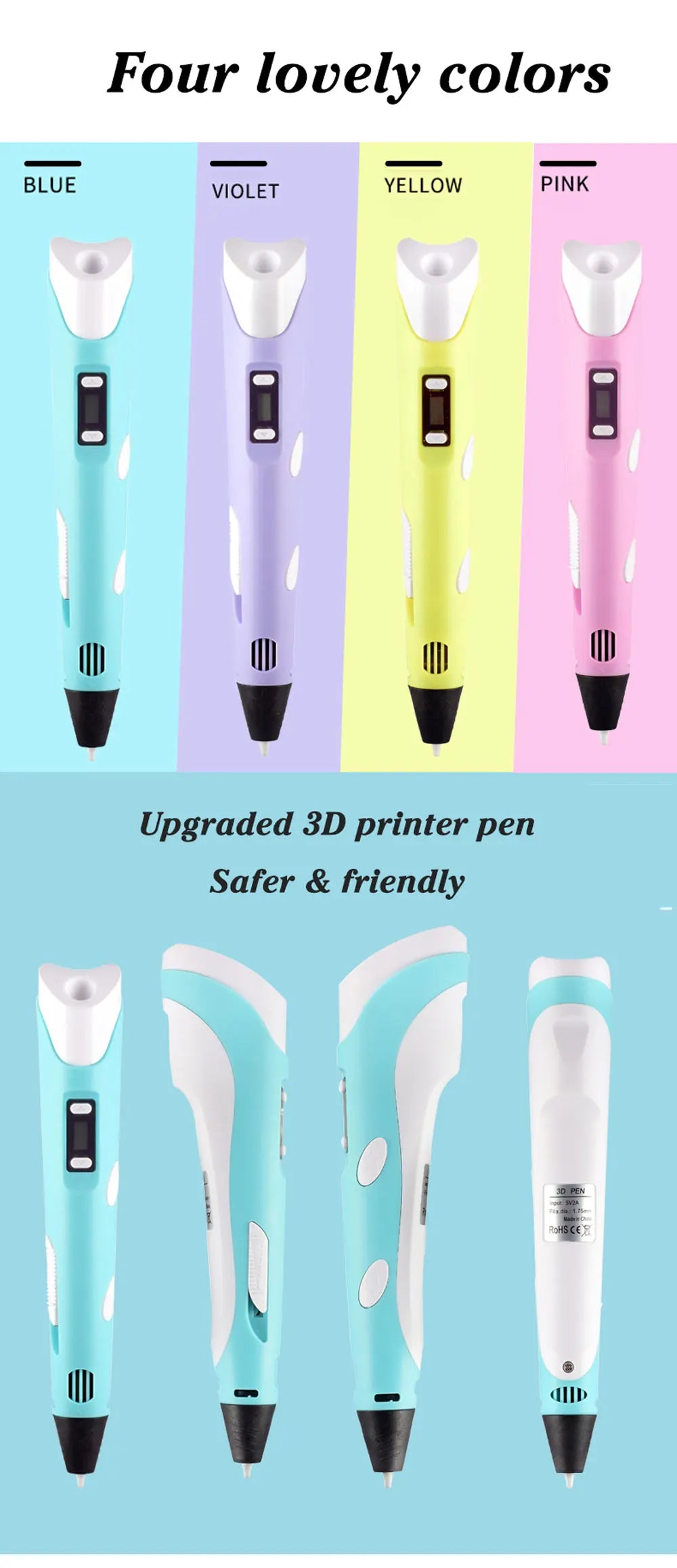 3D Printing Pen With LCD Screen Compatible PLA Filament Drawing Pen Safe Paiting for Children DIY Boys Girls Birthday Gifts