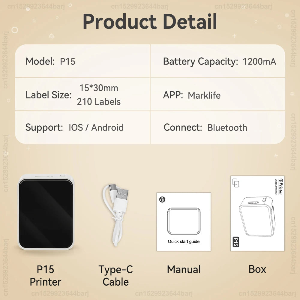 Portable Label Maker P15 Adhesive Thermal Label Printer Wireless Bluetooth Sticker Printer with P15 Self-adhesive Label Paper