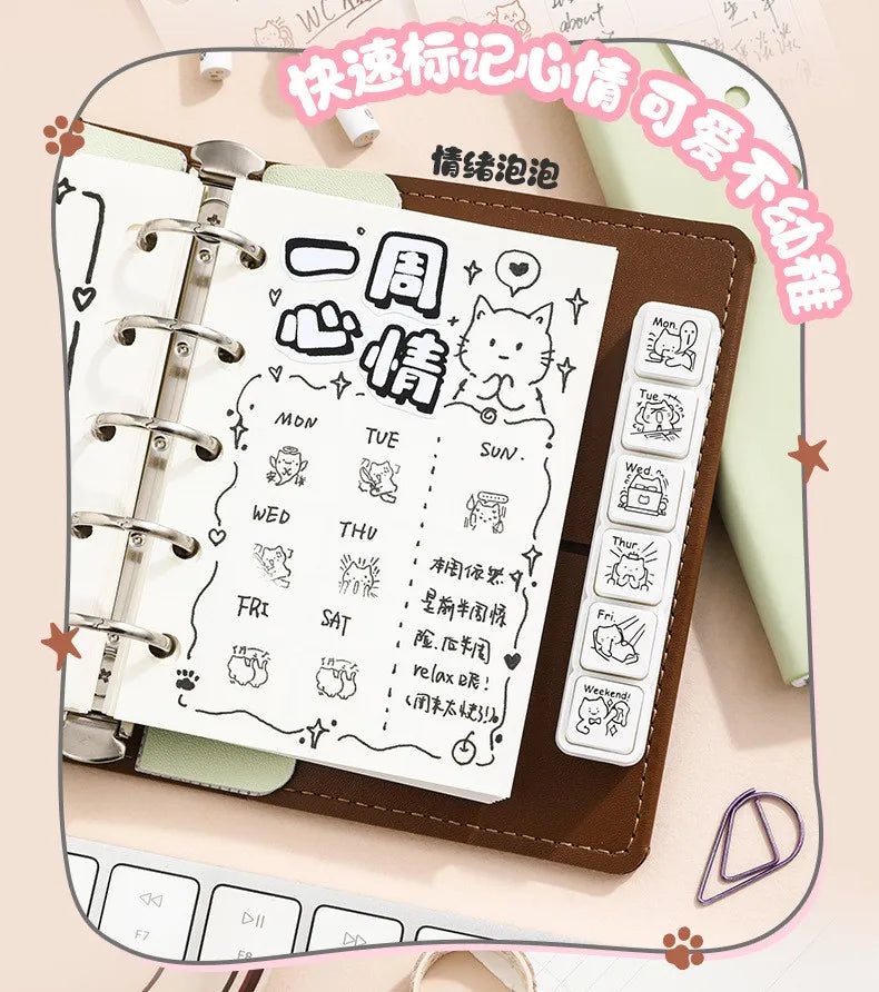 Cute Cat Emoji Stamp Daily Life Work Good Mood Series Cartoon Mini Pattern Stamps for Journaling Planner Diy Scrapbooking Decor