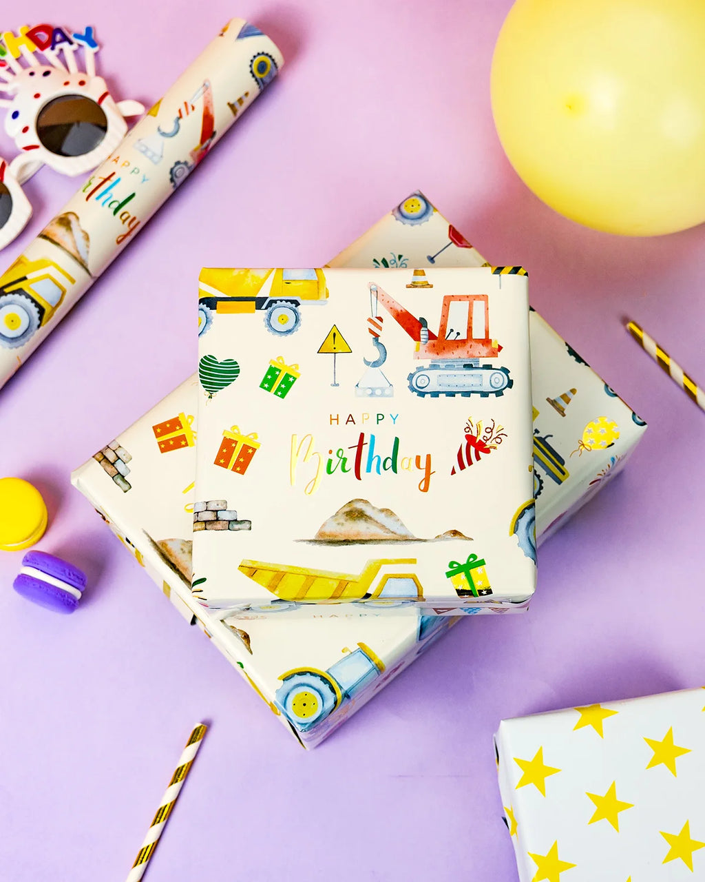 Construction Birthday Wrapping Paper - 43cm x 10m - Reversible Tractor Happy Birthday Script & Star Design Gift Wrap Mini Roll