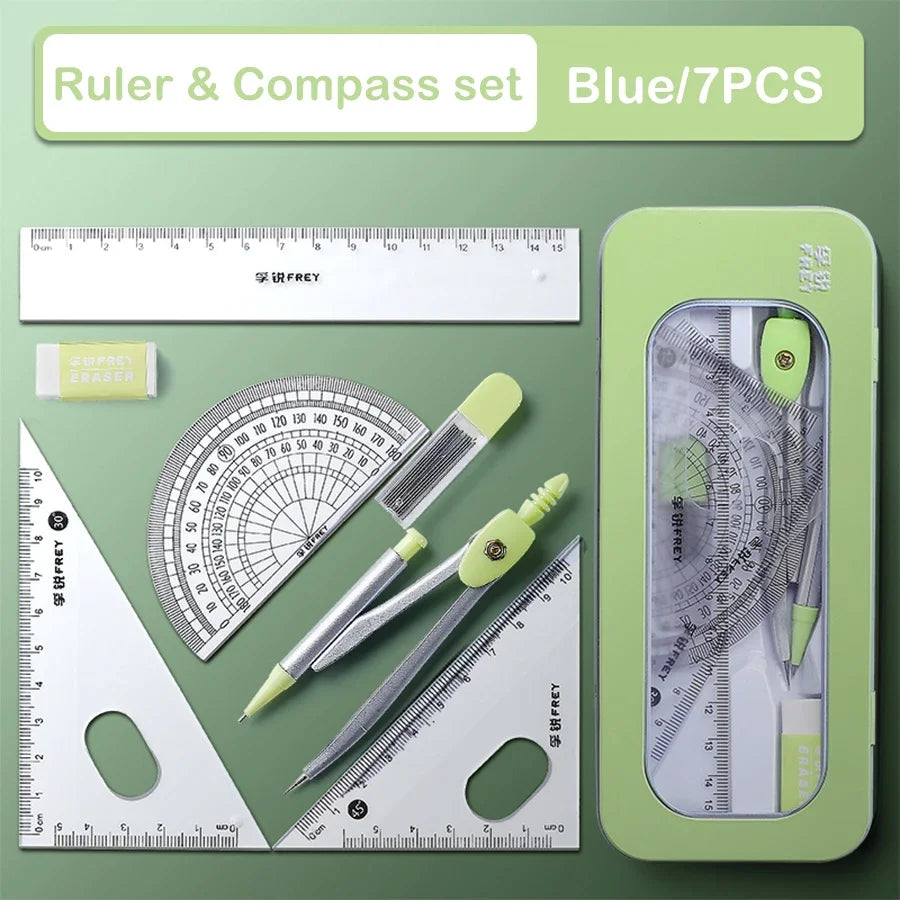 7Pcs Back to School Math Geometry Set, Multi-Function Drawing Tools with Compass, Rulers for Students School Supplies Stationery