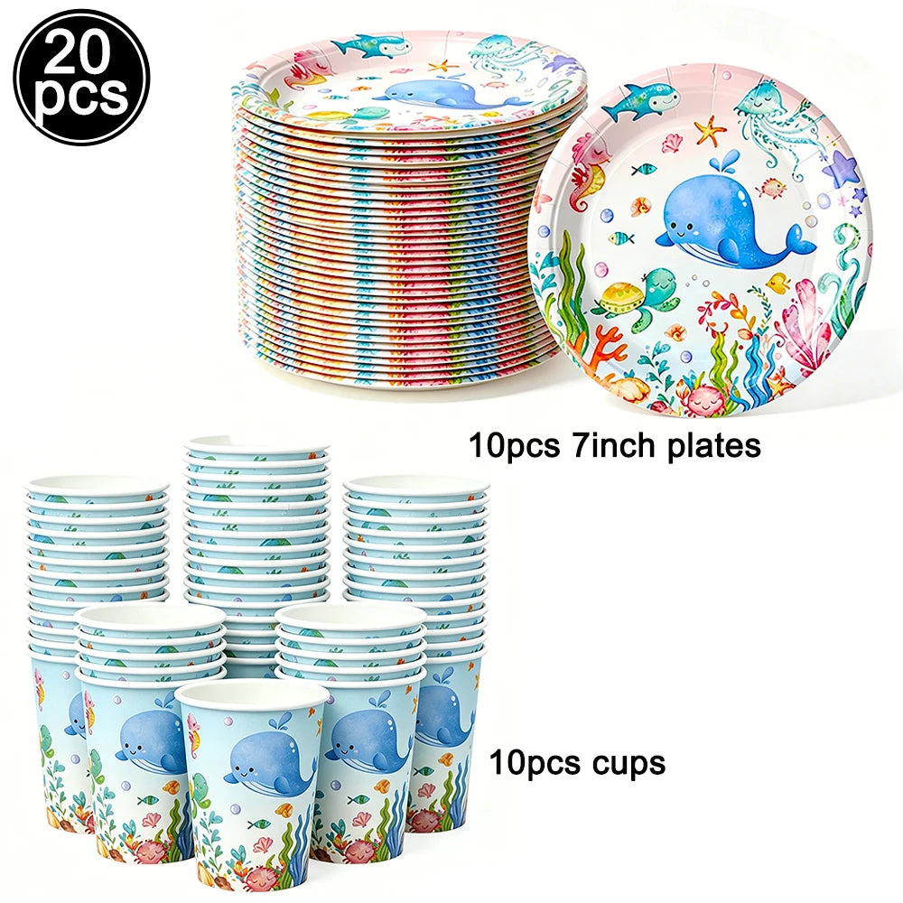 Ocean Sea Birthday Party Tableware Turtle Whale Print Plates Napkins Cups for Baby Shower Ocean Party Birthday Decorations