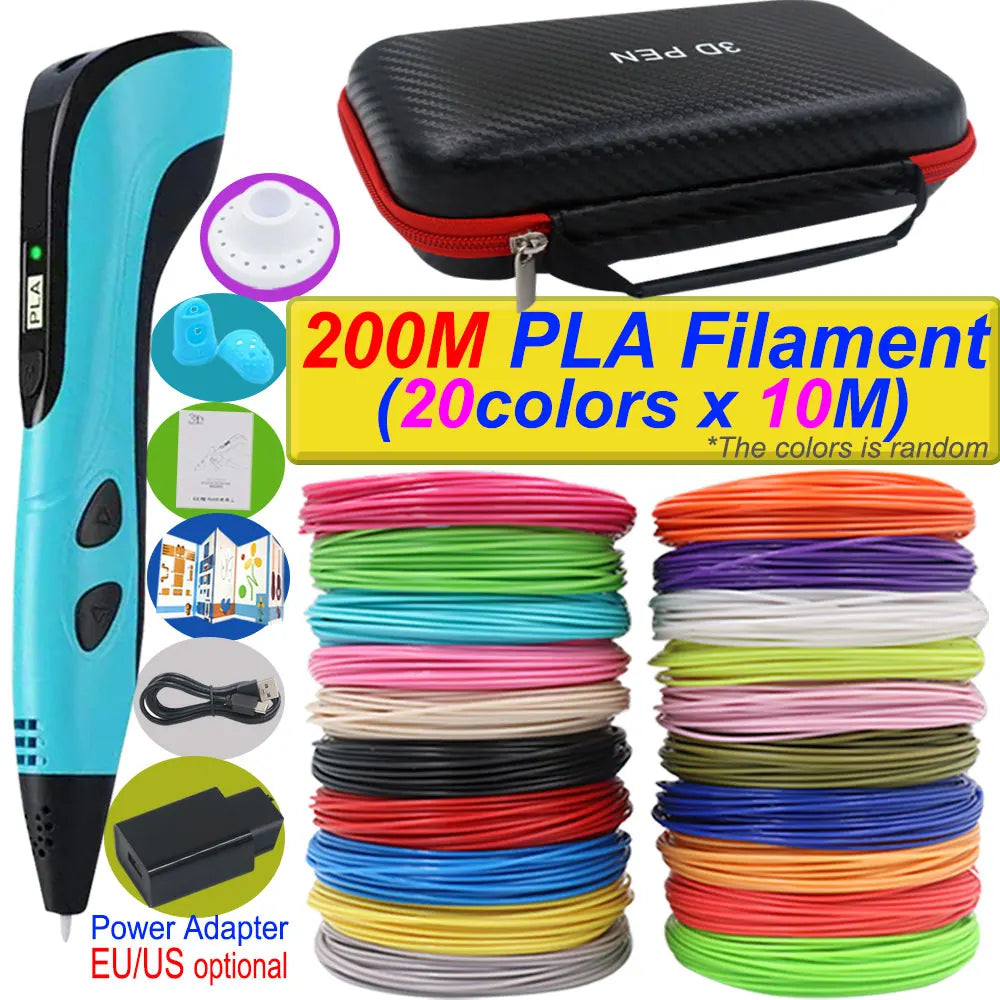 2026 New 3D Printing Pen DIY Three-dimensional Painting Children Toys With LCD Screen Power Adapter 200M PLA Filament Toys Gift