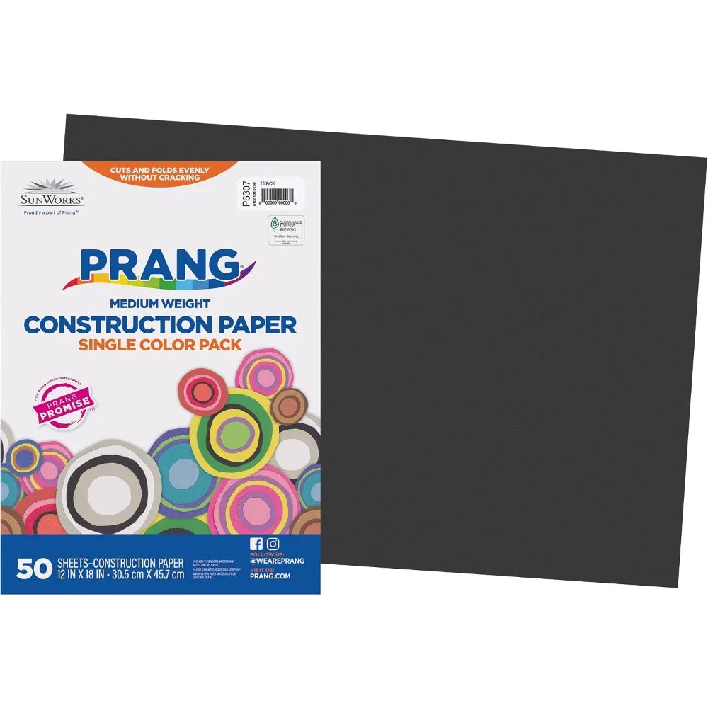 50 Sheets Black Construction Paper 12 inch by 18 inch, Prang Brand Previously Called SunWorks